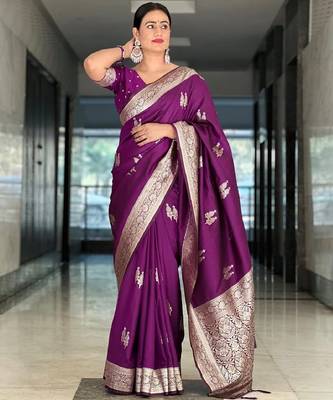 Purple silk blend banarasi saree with unstitched blouse piece 1