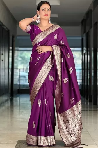 Purple soft silk blend banarasi jacuard work designer party wear saree with unstitched blouse piece