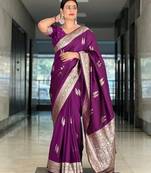 Purple soft silk blend banarasi jacuard work designer party wear saree with unstitched blouse piece