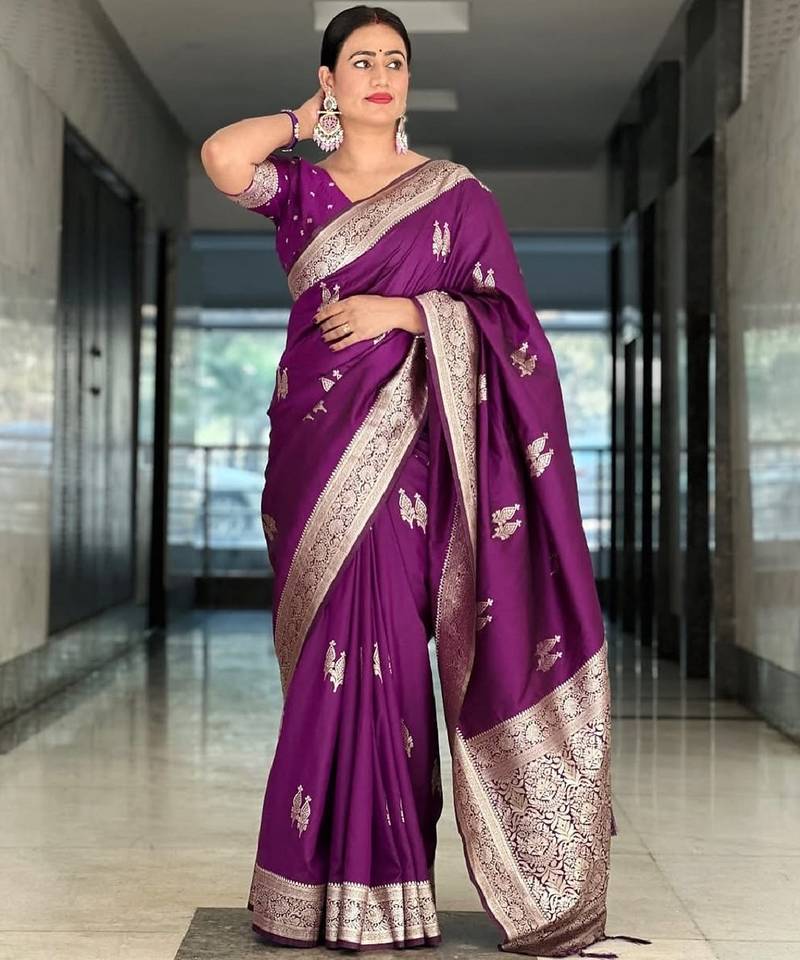 Purple soft silk blend banarasi jacuard work designer party wear saree with unstitched blouse piece