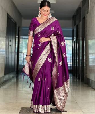Purple silk blend banarasi saree with unstitched blouse piece 2