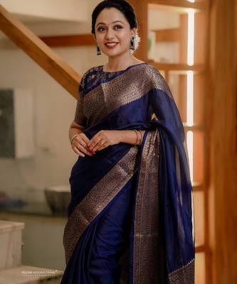 Blue silk blend banarasi saree with unstitched blouse piece 1