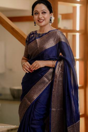 Blue soft silk blend banarasi jacuard work designer party wear saree with unstitched blouse piece