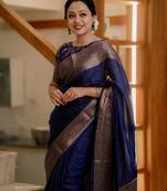 Blue soft silk blend banarasi jacuard work designer party wear saree with unstitched blouse piece