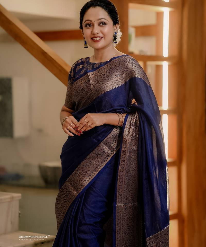 Blue soft silk blend banarasi jacuard work designer party wear saree with unstitched blouse piece