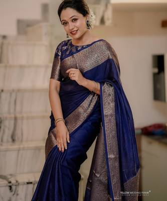 Blue silk blend banarasi saree with unstitched blouse piece 3
