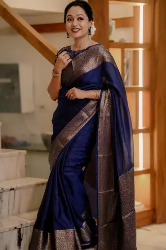 Blue silk blend banarasi saree with unstitched blouse piece
