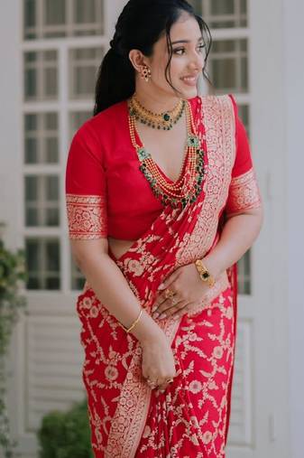 Red  soft silk blend banarasi jacuard work designer party wear saree with unstitched blouse piece