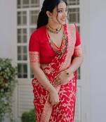 Red  soft silk blend banarasi jacuard work designer party wear saree with unstitched blouse piece