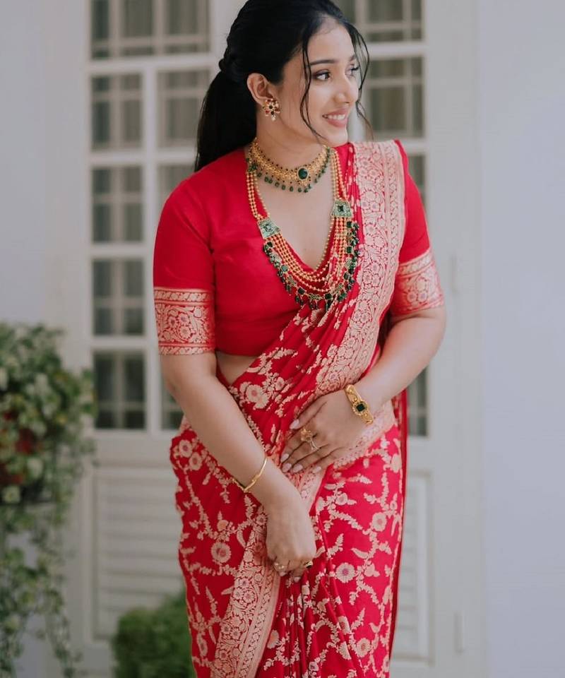 Red  soft silk blend banarasi jacuard work designer party wear saree with unstitched blouse piece