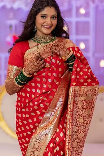 Red soft silk blend banarasi jacuard work designer party wear saree with unstitched blouse piece