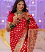 Red soft silk blend banarasi jacuard work designer party wear saree with unstitched blouse piece