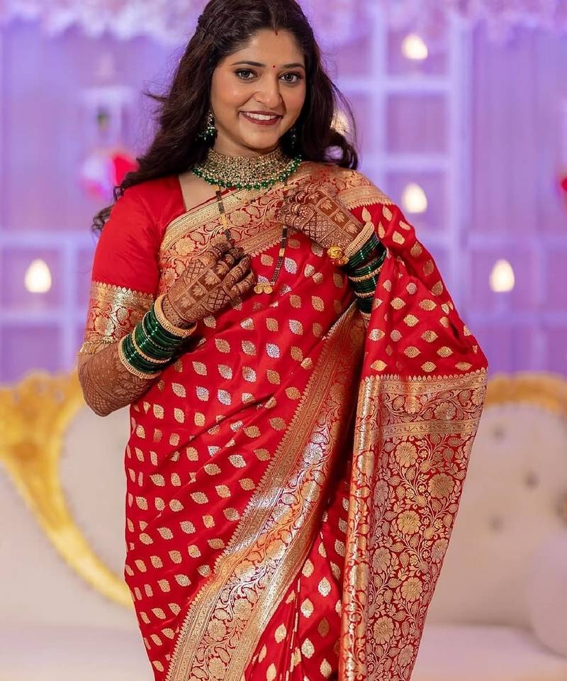 Red soft silk blend banarasi jacuard work designer party wear saree with unstitched blouse piece