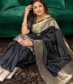 Black soft silk blend banarasi jacuard work designer party wear saree with unstitched blouse piece