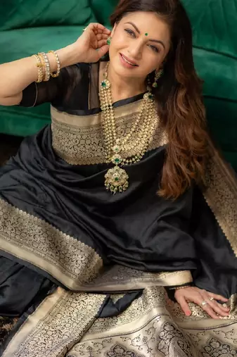 Black silk blend banarasi saree with unstitched blouse piece