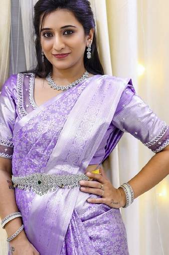 Lavender soft silk blend banarasi jacuard work designer party wear saree with unstitched blouse piece