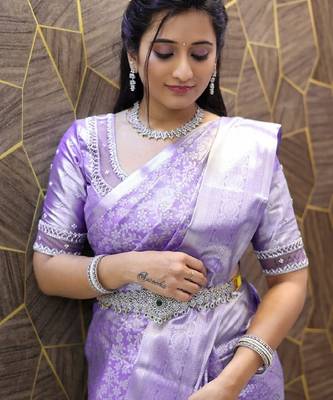Lavender silk blend banarasi saree with unstitched blouse piece 3