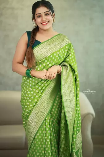 Parrot green soft silk blend banarasi jacuard work designer party wear saree with unstitched blouse piece