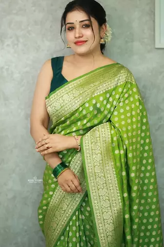 Parrot green silk blend banarasi saree with unstitched blouse piece