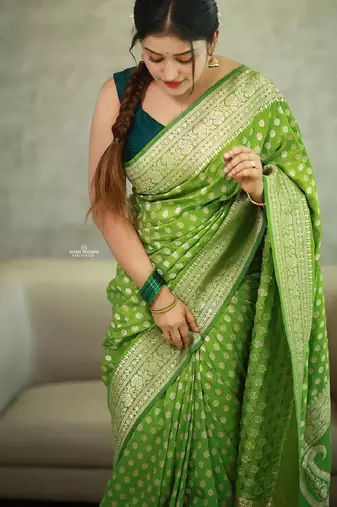 Parrot green silk blend banarasi saree with unstitched blouse piece