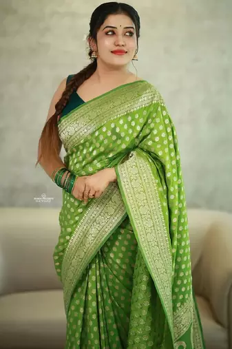 Parrot green silk blend banarasi saree with unstitched blouse piece
