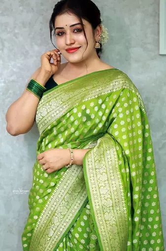 Parrot green silk blend banarasi saree with unstitched blouse piece