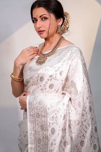 White soft silk blend banarasi jacuard work designer party wear saree with unstitched blouse piece