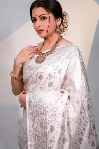 White soft silk blend banarasi jacuard work designer party wear saree with unstitched blouse piece