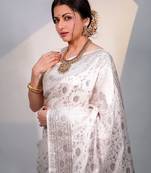 White soft silk blend banarasi jacuard work designer party wear saree with unstitched blouse piece
