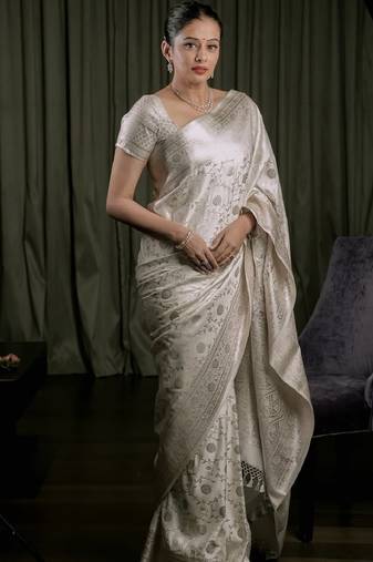 White soft silk blend banarasi jacuard work designer party wear saree with unstitched blouse piece