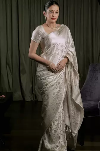 White soft silk blend banarasi jacuard work designer party wear saree with unstitched blouse piece