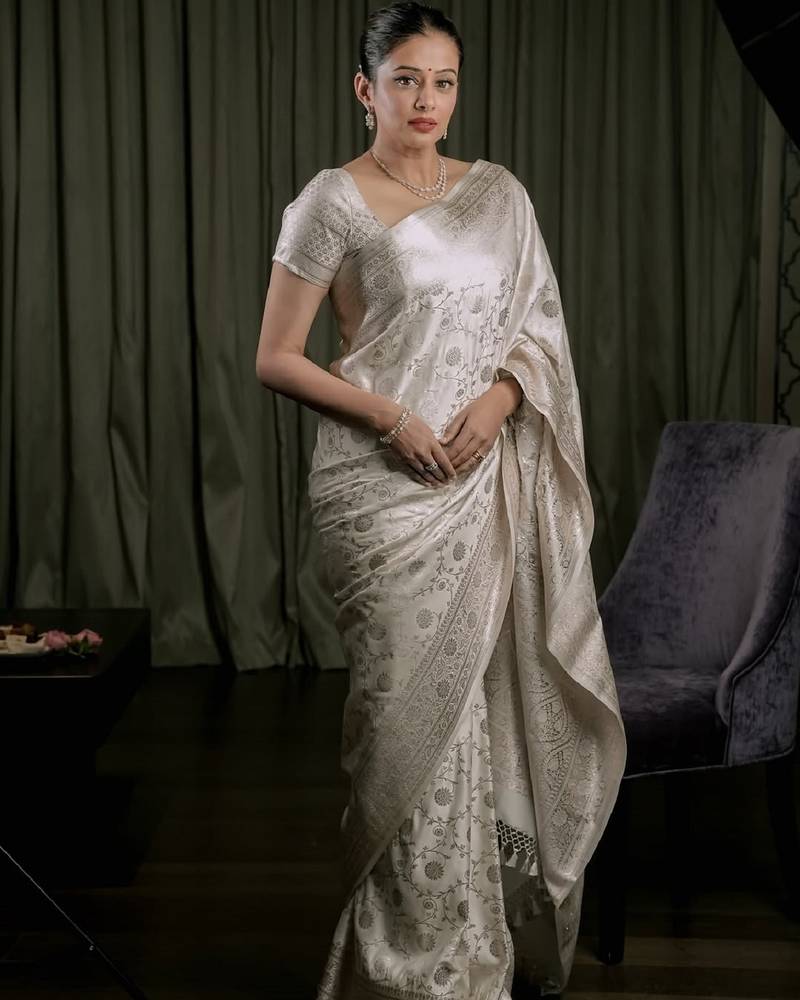 White soft silk blend banarasi jacuard work designer party wear saree with unstitched blouse piece