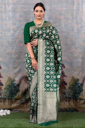 Green soft silk blend banarasi jacuard work designer party wear saree with unstitched blouse piece