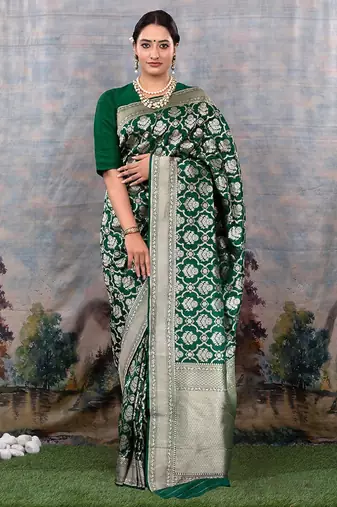 Green soft silk blend banarasi jacuard work designer party wear saree with unstitched blouse piece
