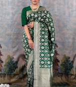 Green soft silk blend banarasi jacuard work designer party wear saree with unstitched blouse piece