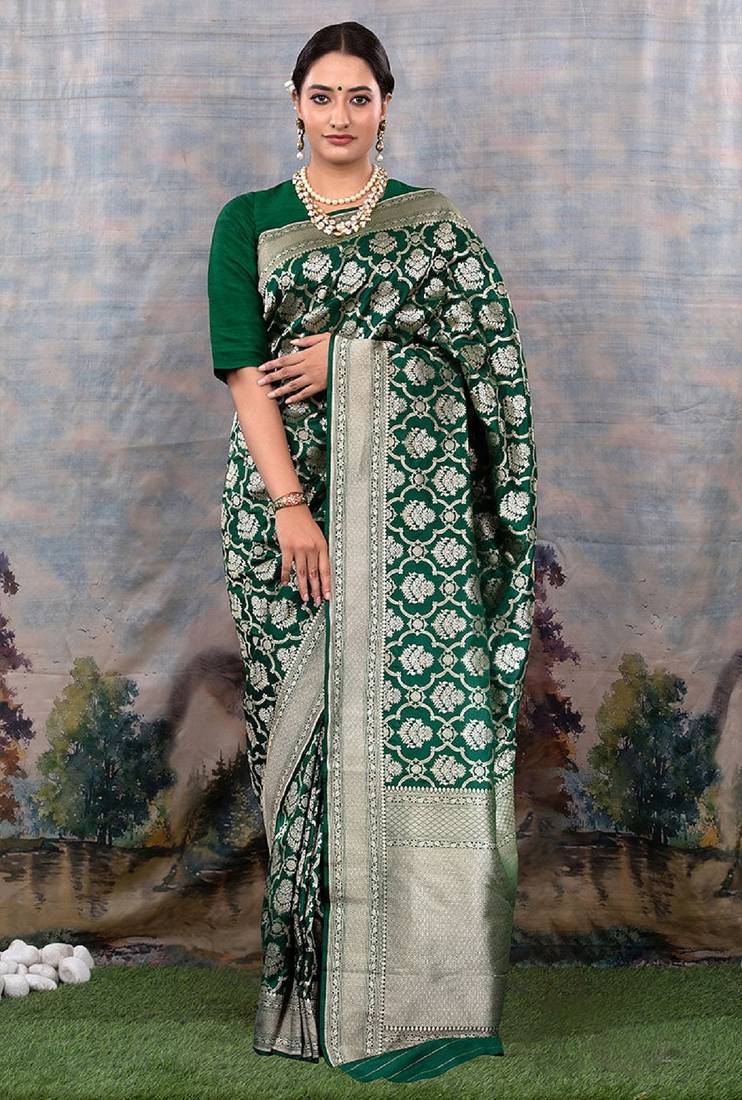 Green soft silk blend banarasi jacuard work designer party wear saree with unstitched blouse piece