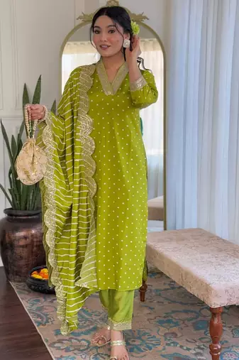 Women's viscose sequin embroidered parrot green kurta pant set with muslin dupatta