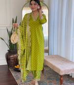Women's viscose sequin embroidered parrot green kurta pant set with muslin dupatta