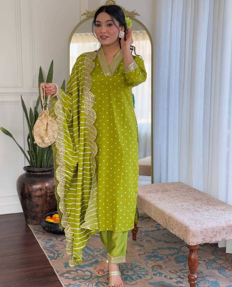 Women's viscose sequin embroidered parrot green kurta pant set with muslin dupatta