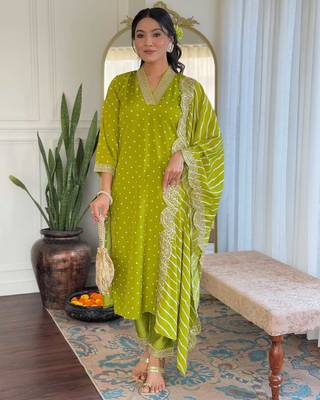 Women's viscose sequin embroidered parrot green kurta pant set with muslin dupatta 2