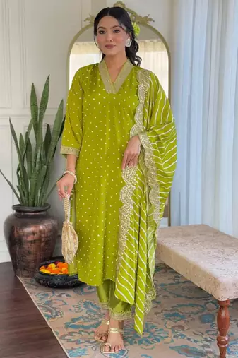 Women's viscose sequin embroidered parrot green kurta pant set with muslin dupatta