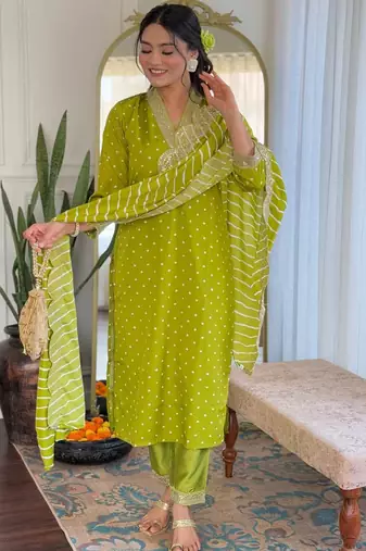 Women's viscose sequin embroidered parrot green kurta pant set with muslin dupatta