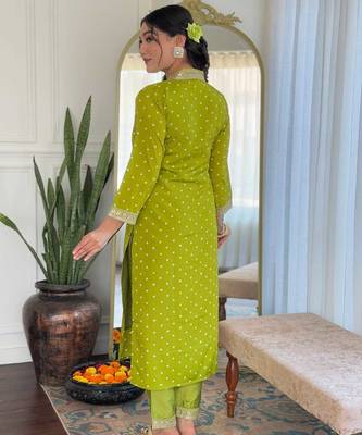 Women's viscose sequin embroidered parrot green kurta pant set with muslin dupatta 4