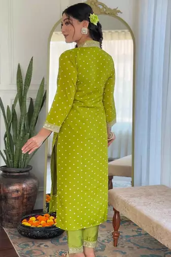 Women's viscose sequin embroidered parrot green kurta pant set with muslin dupatta