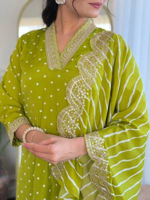 Women's viscose sequin embroidered parrot green kurta pant set with muslin dupatta 5