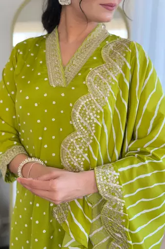 Women's viscose sequin embroidered parrot green kurta pant set with muslin dupatta