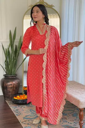 Women's viscose sequin embroidered peach green kurta pant set with muslin dupatta