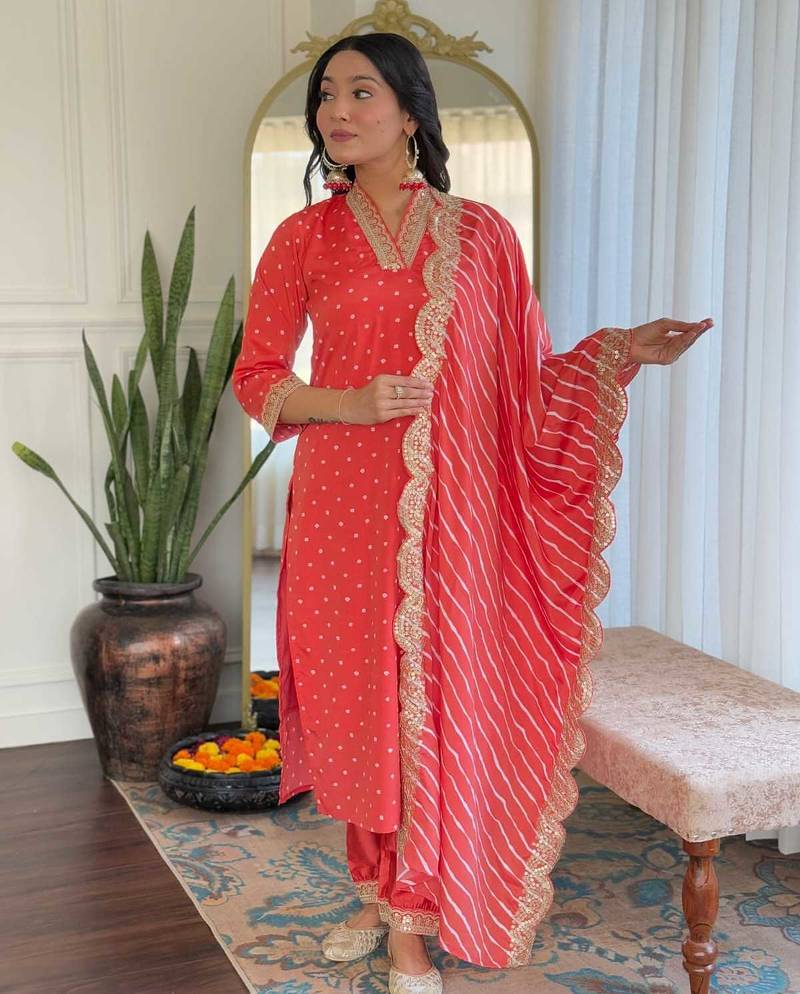 Women's viscose sequin embroidered peach green kurta pant set with muslin dupatta