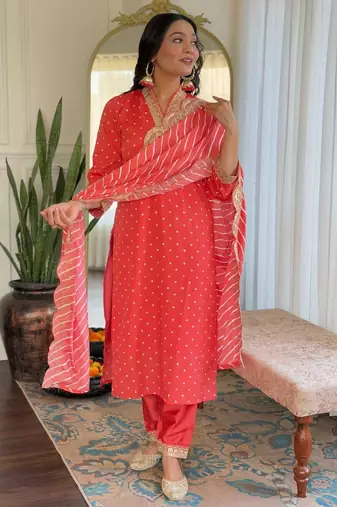 Women's viscose sequin embroidered peach green kurta pant set with muslin dupatta