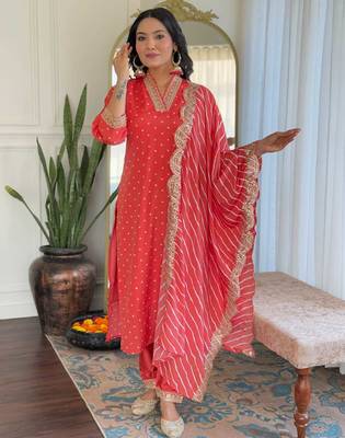 Women's viscose sequin embroidered peach green kurta pant set with muslin dupatta 3